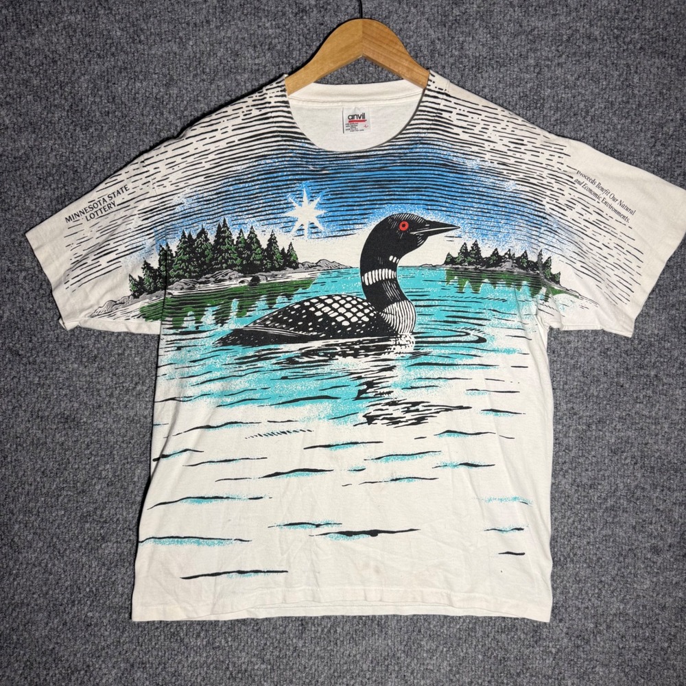 VTG 90s Minnesota State Lottery Loon All Over Print Nature T-Shirt Mens Sz Large